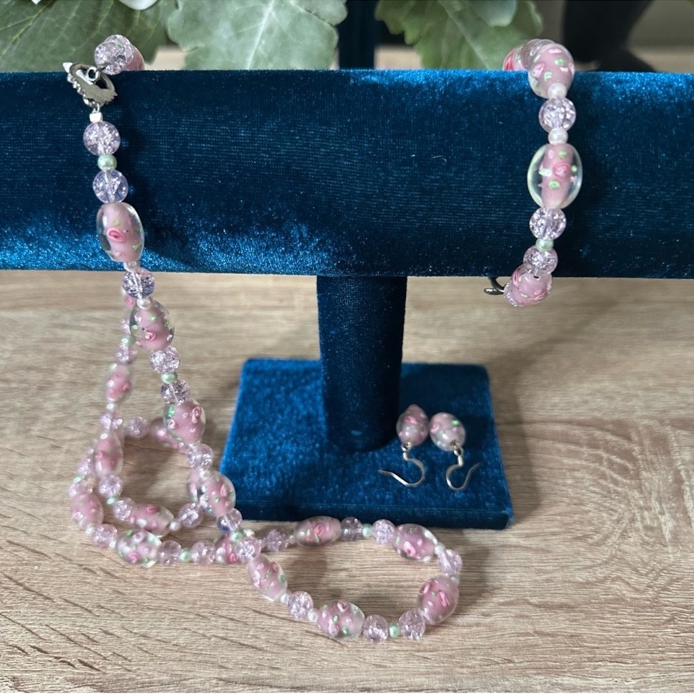 Elegant Pink Rose Glass Beaded jewelry set